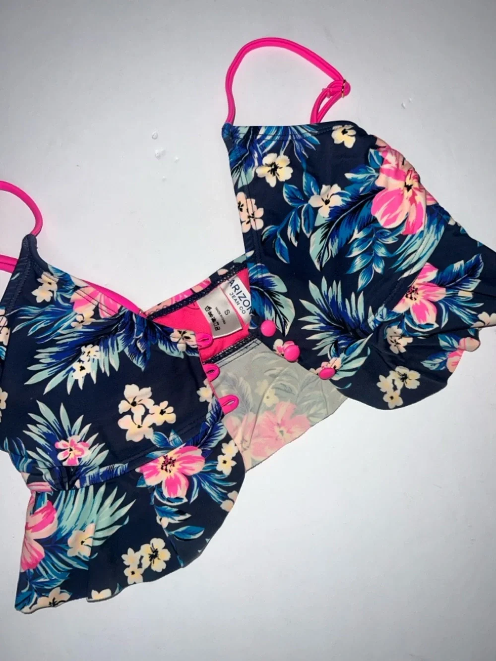 Arizona Jean Navy Floral Top with Hot Pink Bottoms Girls Swim Set size small
